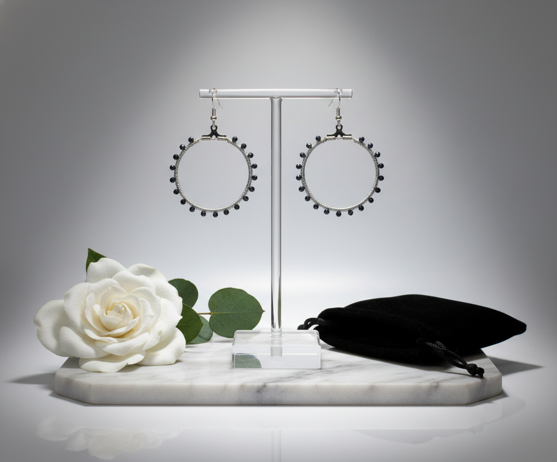 "Crystal My World" Earrings - Round - Silver and Black Crystals