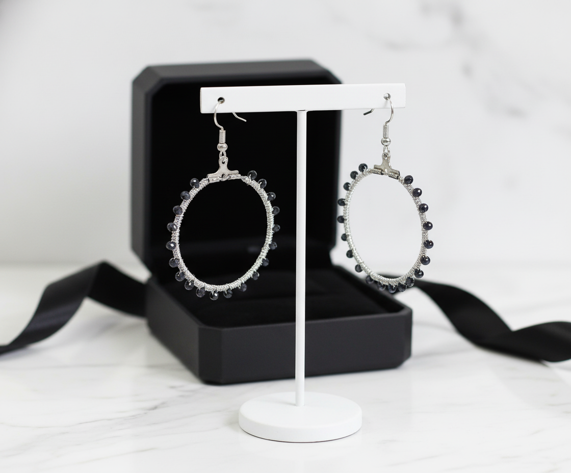 "Crystal My World" Earrings - Round - Silver and Black Crystals