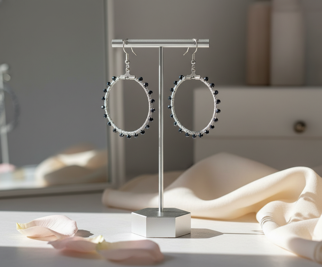 "Crystal My World" Earrings - Round - Silver and Black Crystals