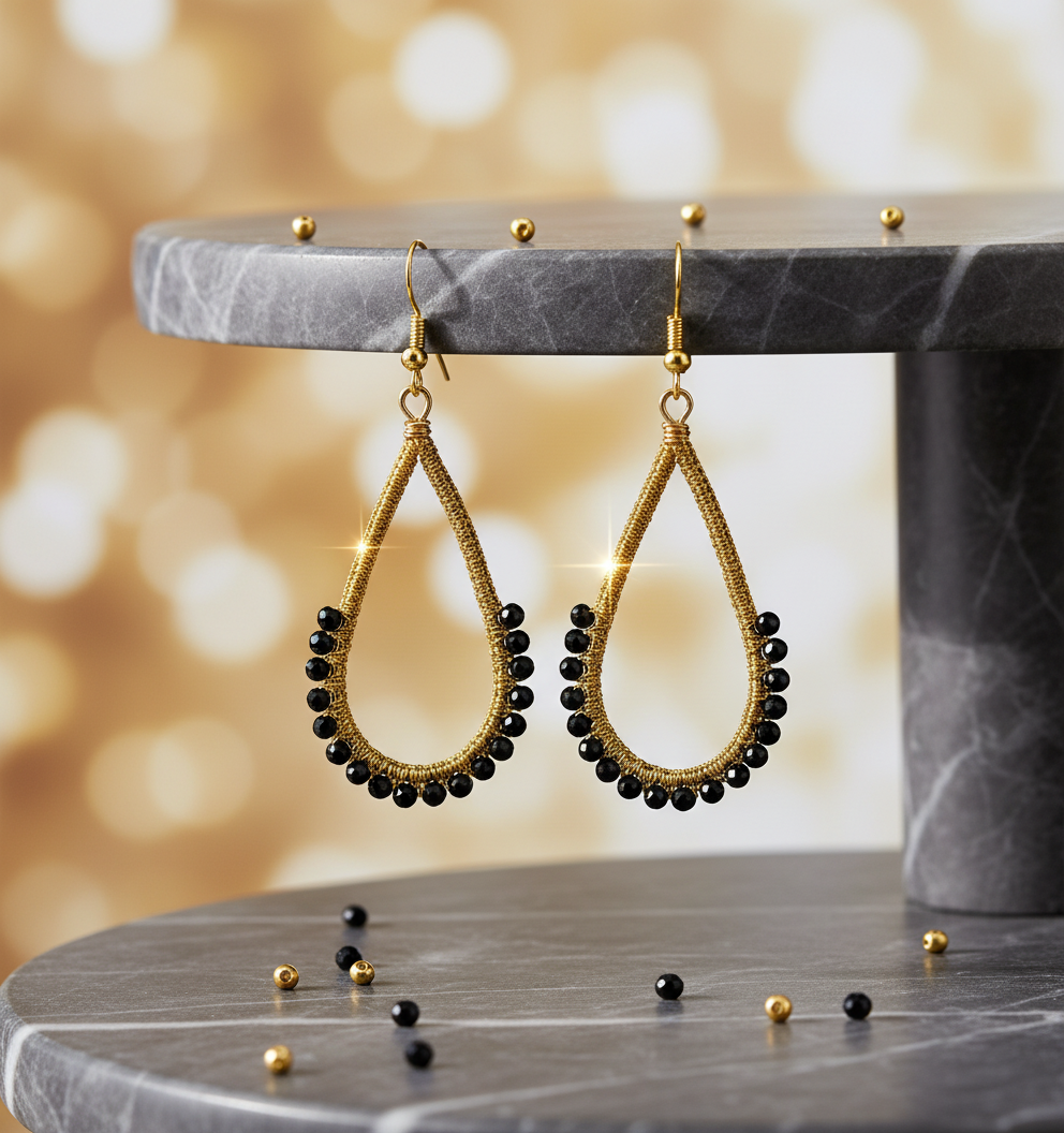 "Crystal My World" Earrings - Water Drop - Gold and Black Crystals