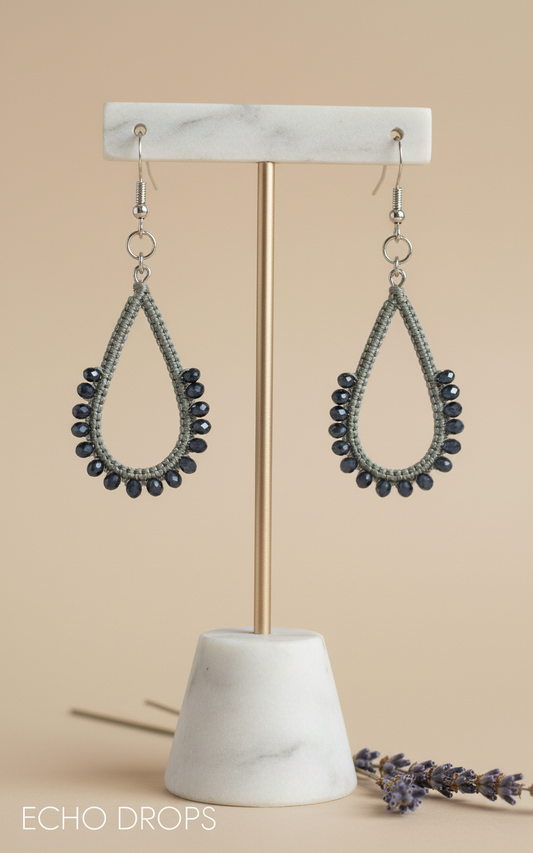 "Crystal My World" Earrings - Water Drop - Gray and Blue/Black Crystals