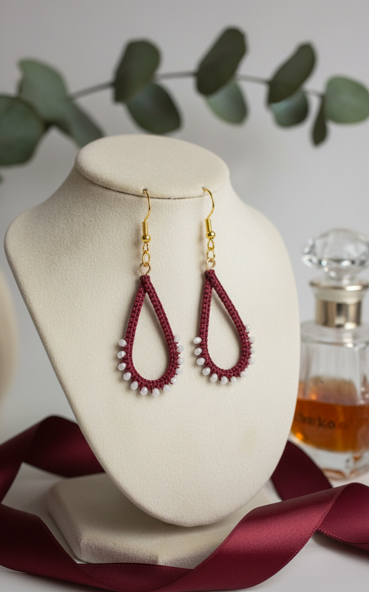 "Crystal My World" Earrings - Water Drop - Burgundy and White Crystals