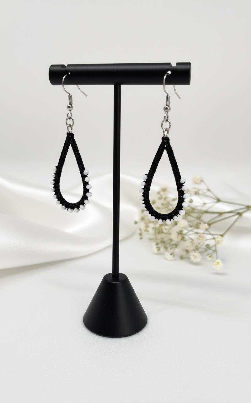 "Crystal My World" Earrings - Water Drop - Black and White Crystals