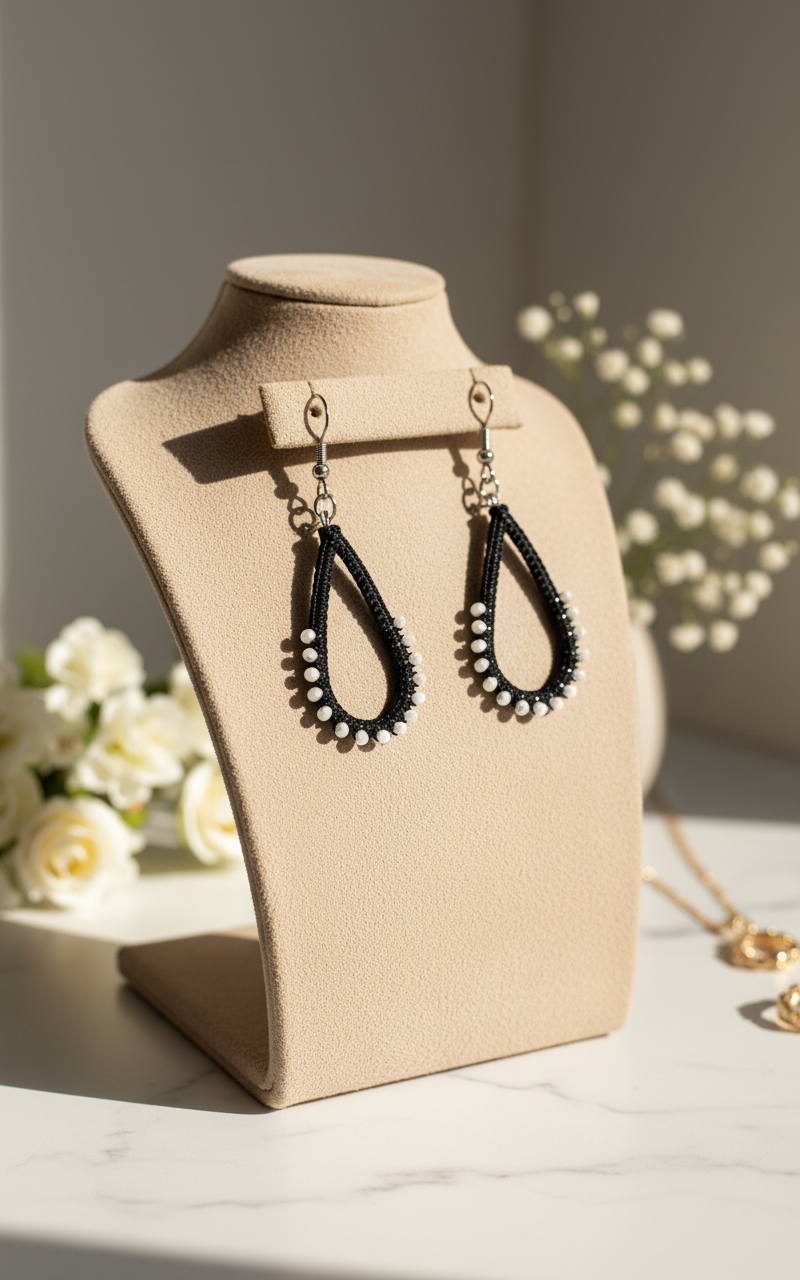"Crystal My World" Earrings - Water Drop - Black and White Crystals