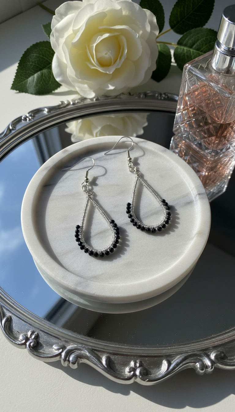 "Crystal My World" Earrings - Water Drop - Silver and Black Crystals