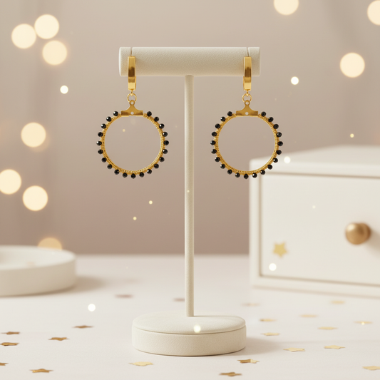"Crystal My World" Earrings - Round - Gold and Black Crystals