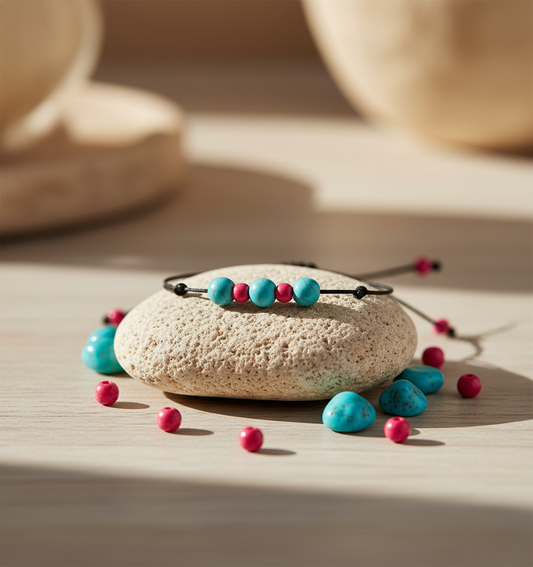 MACRAME BRACELET WITH BLUE & RED HOWLITE NATURAL STONES