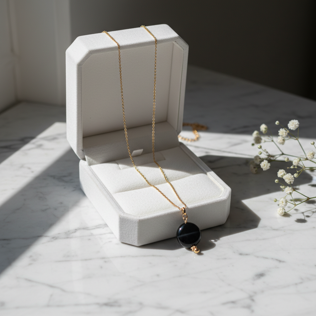 Necklace "Pick Me" - Golden Chain and Black Obsidian Natural Stone