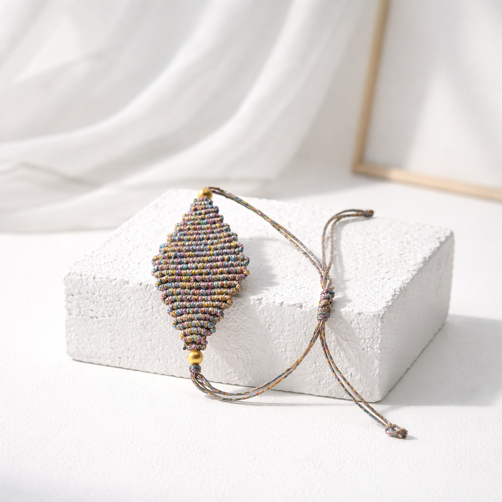 DIAMOND SHAPED MACRAME BRACELET-SILVER METALLIC