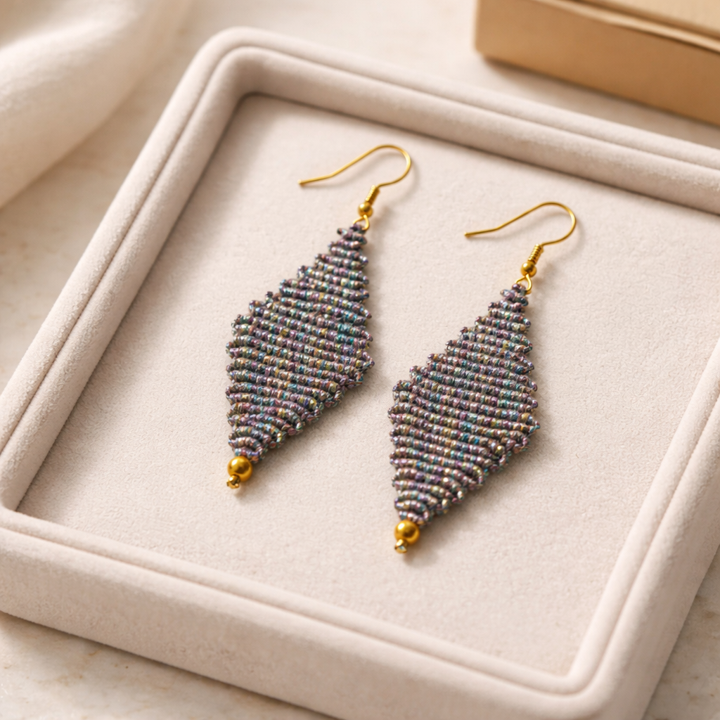 DIAMOND SHAPED MACRAME EARRINGS-METALLIC SILVER