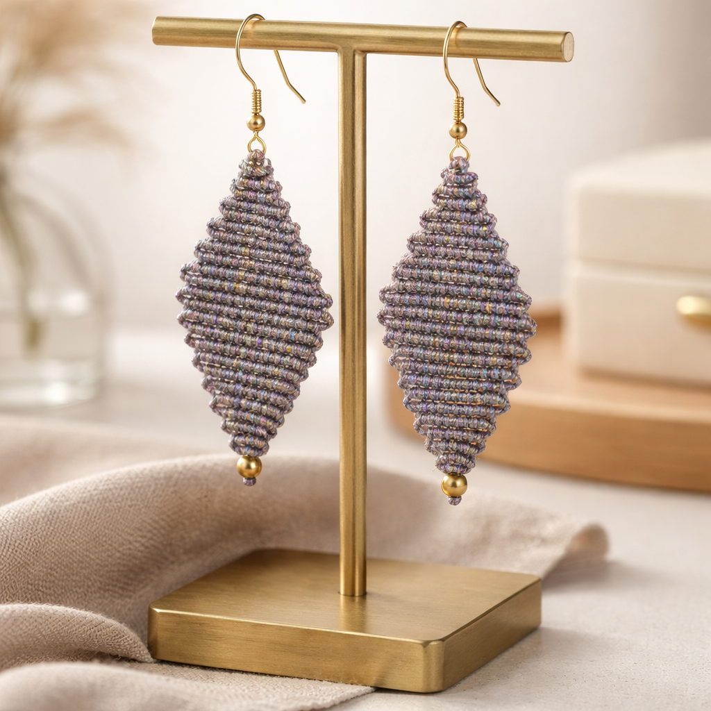 DIAMOND SHAPED MACRAME EARRINGS-METALLIC SILVER
