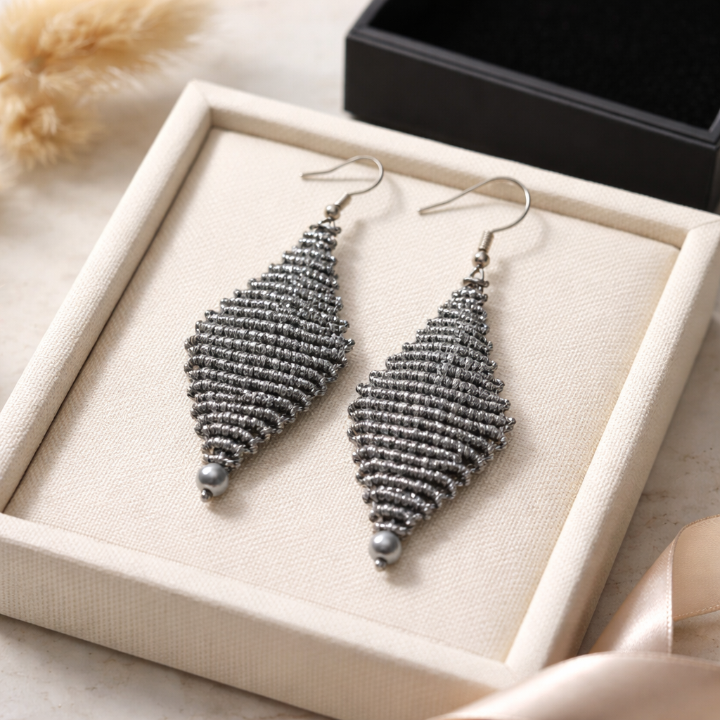 DIAMOND SHAPED MACRAME EARRINGS-METALLIC SILVER
