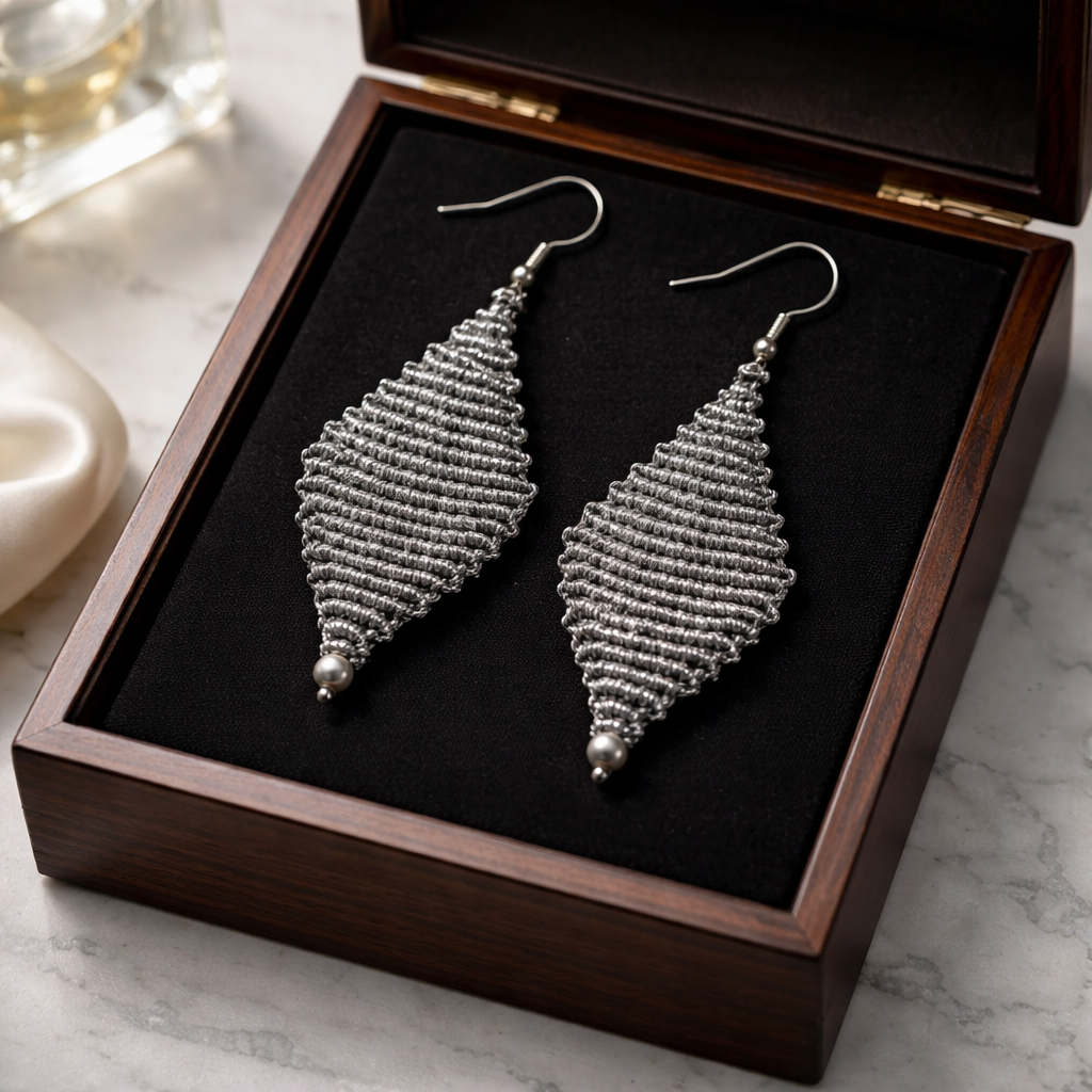 DIAMOND SHAPED MACRAME EARRINGS-METALLIC SILVER
