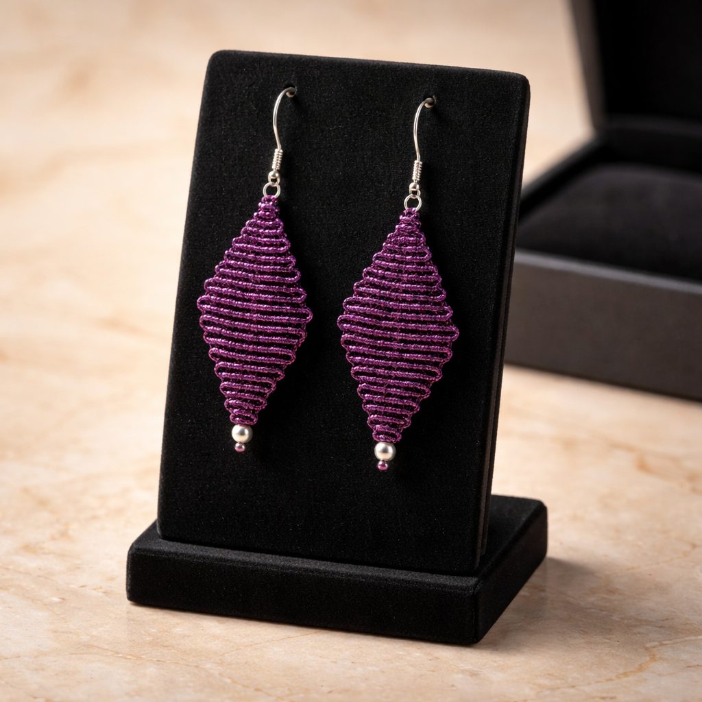 DIAMOND SHAPED MACRAME EARRINGS-METALLIC PURPLE