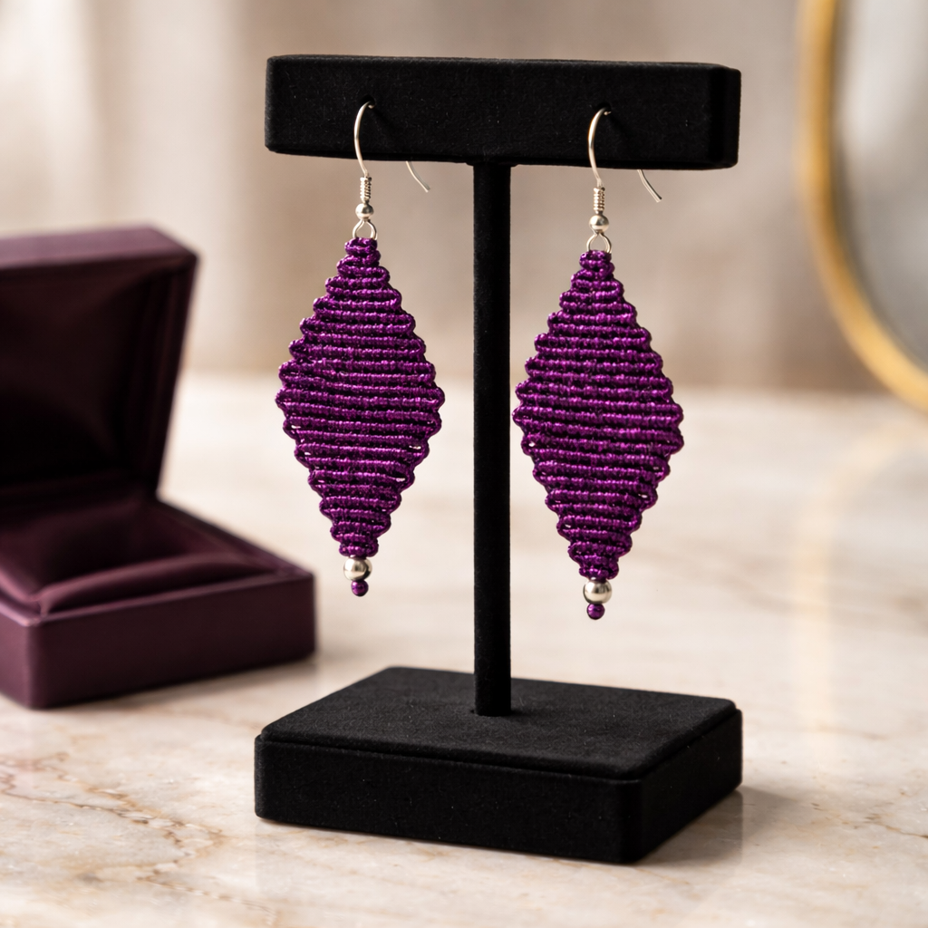 DIAMOND SHAPED MACRAME EARRINGS-METALLIC PURPLE