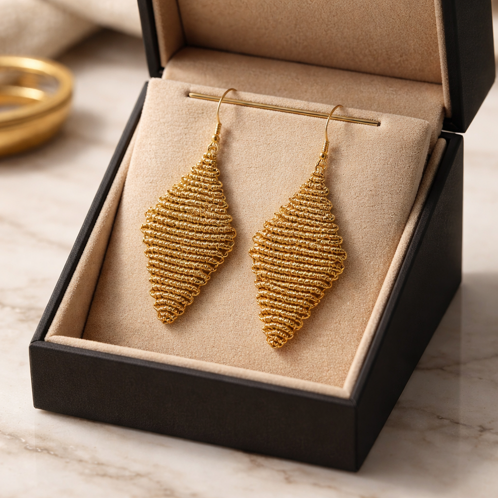 DIAMOND SHAPED MACRAME EARRINGS-METALLIC GOLD