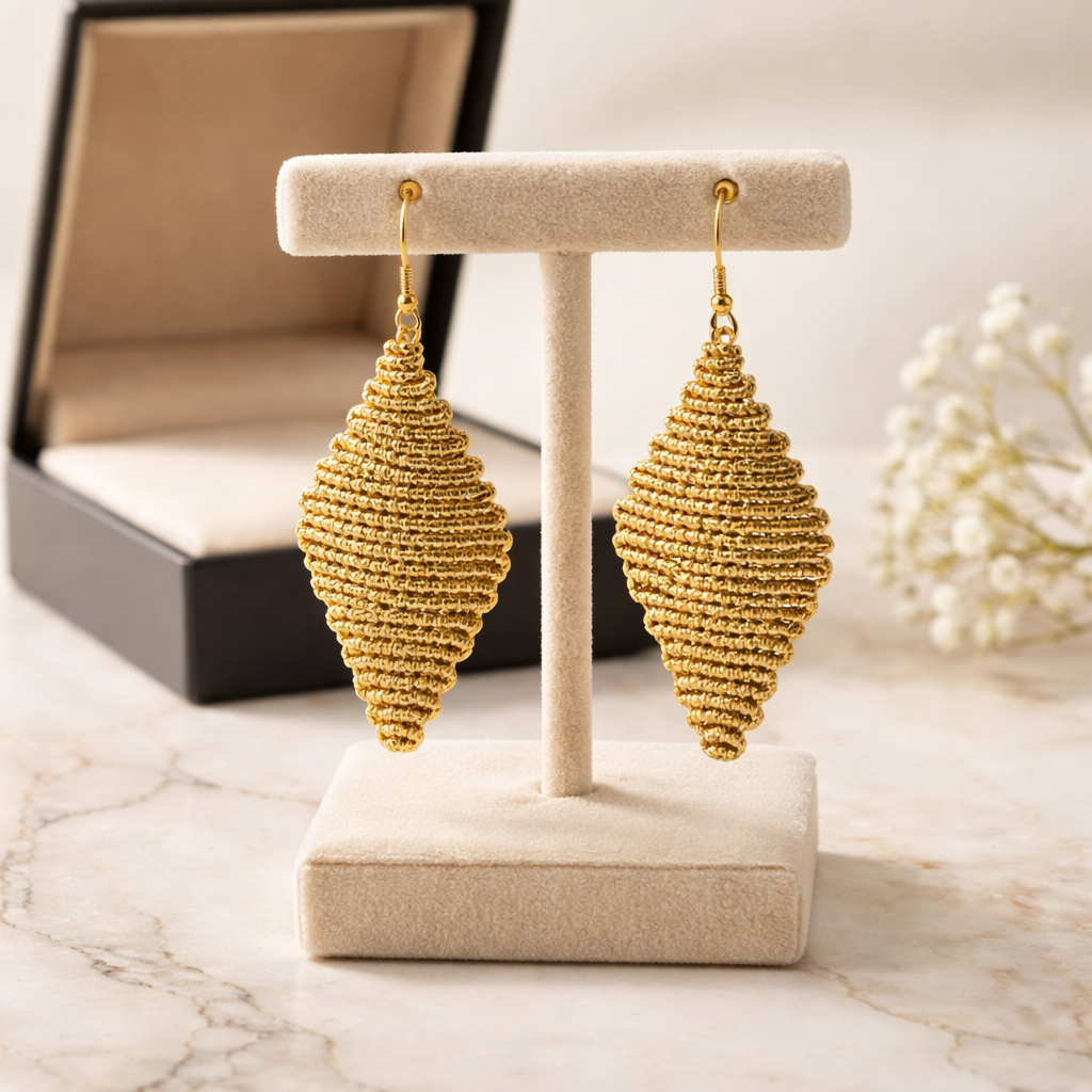 DIAMOND SHAPED MACRAME EARRINGS-METALLIC GOLD