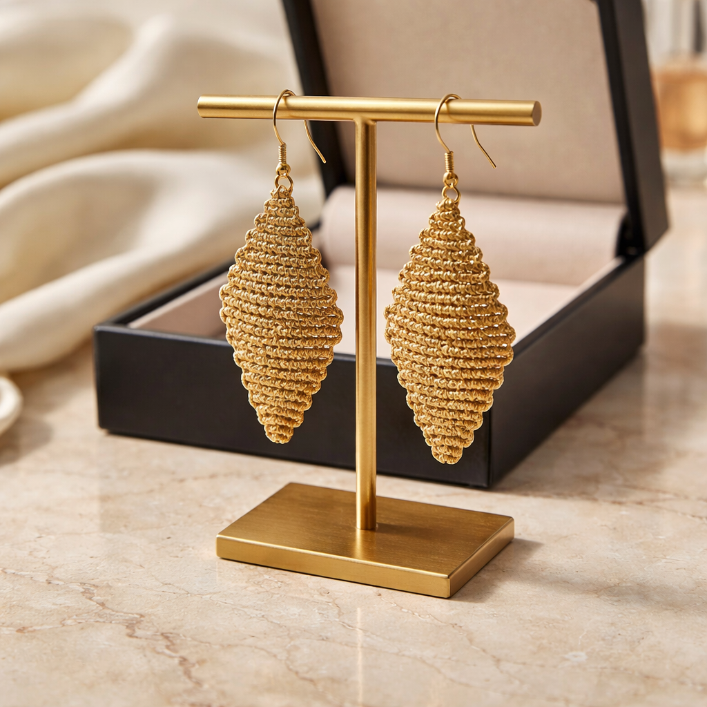 DIAMOND SHAPED MACRAME EARRINGS-METALLIC GOLD
