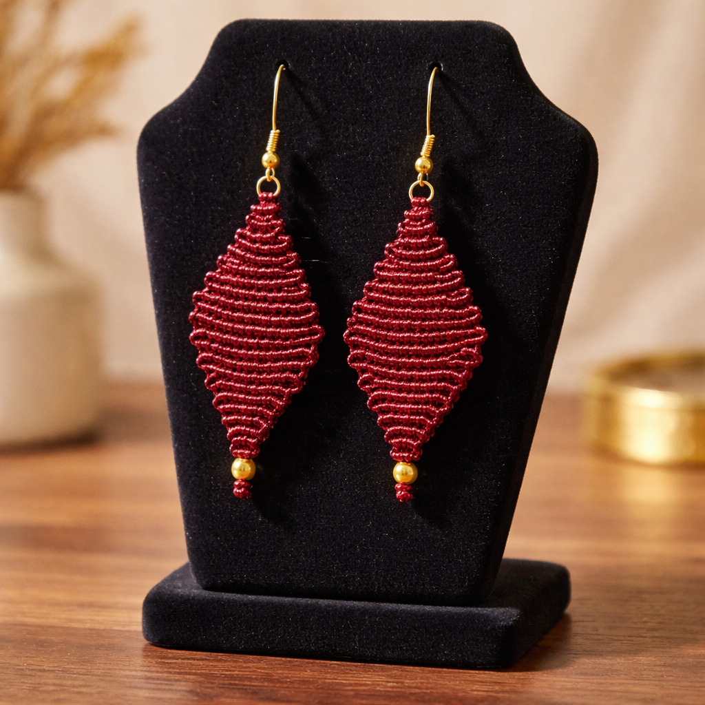 DIAMOND SHAPED MACRAME EARRINGS-METALLIC RED