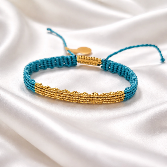 TWO-TONE MACRAME BRACELET AQUAMARINE WITH GOLD