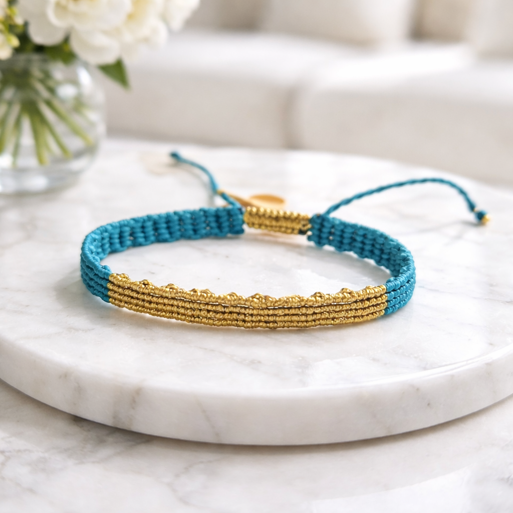 TWO-TONE MACRAME BRACELET AQUAMARINE WITH GOLD