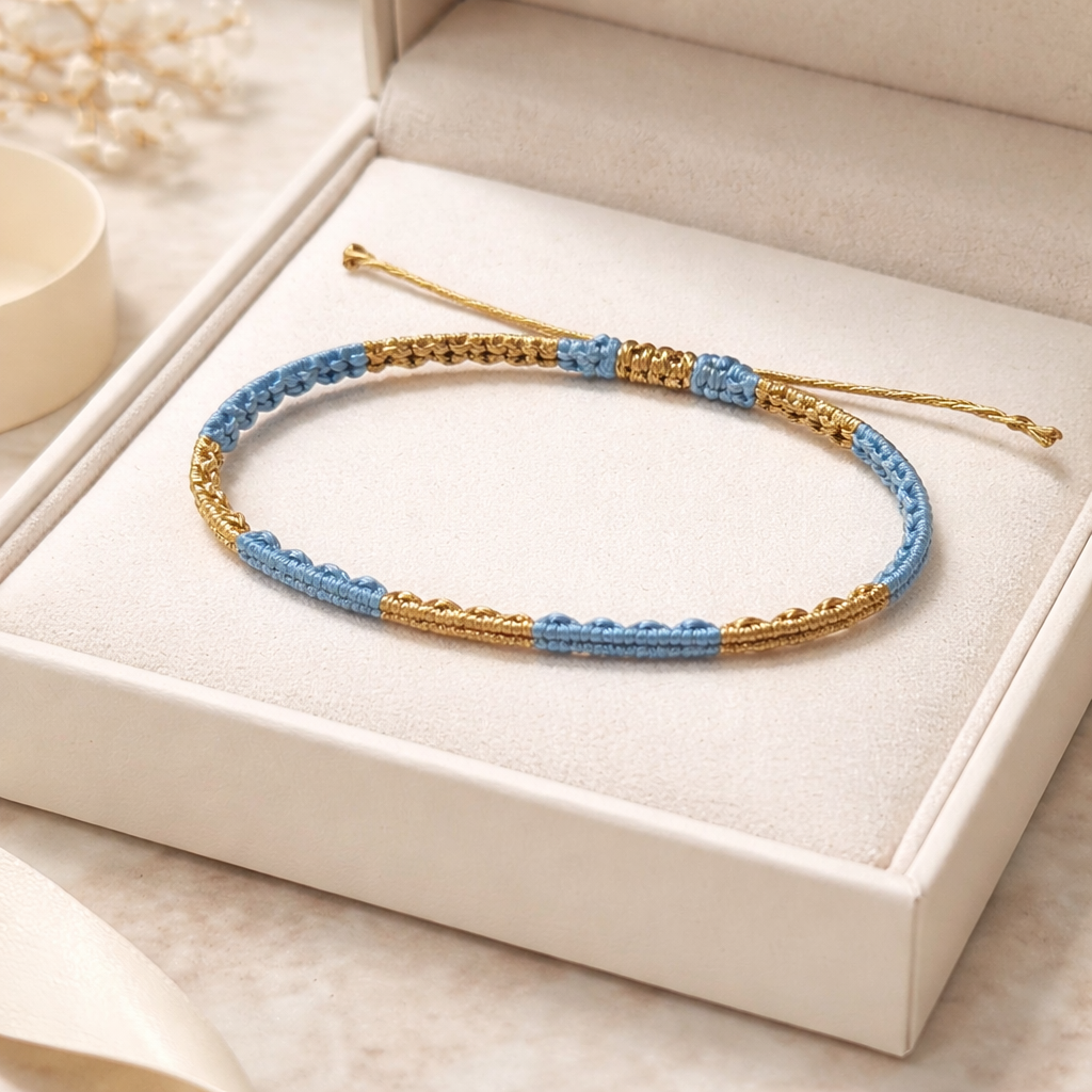 TWO-TONE MACRAME BRACELET light blue WITH GOLD