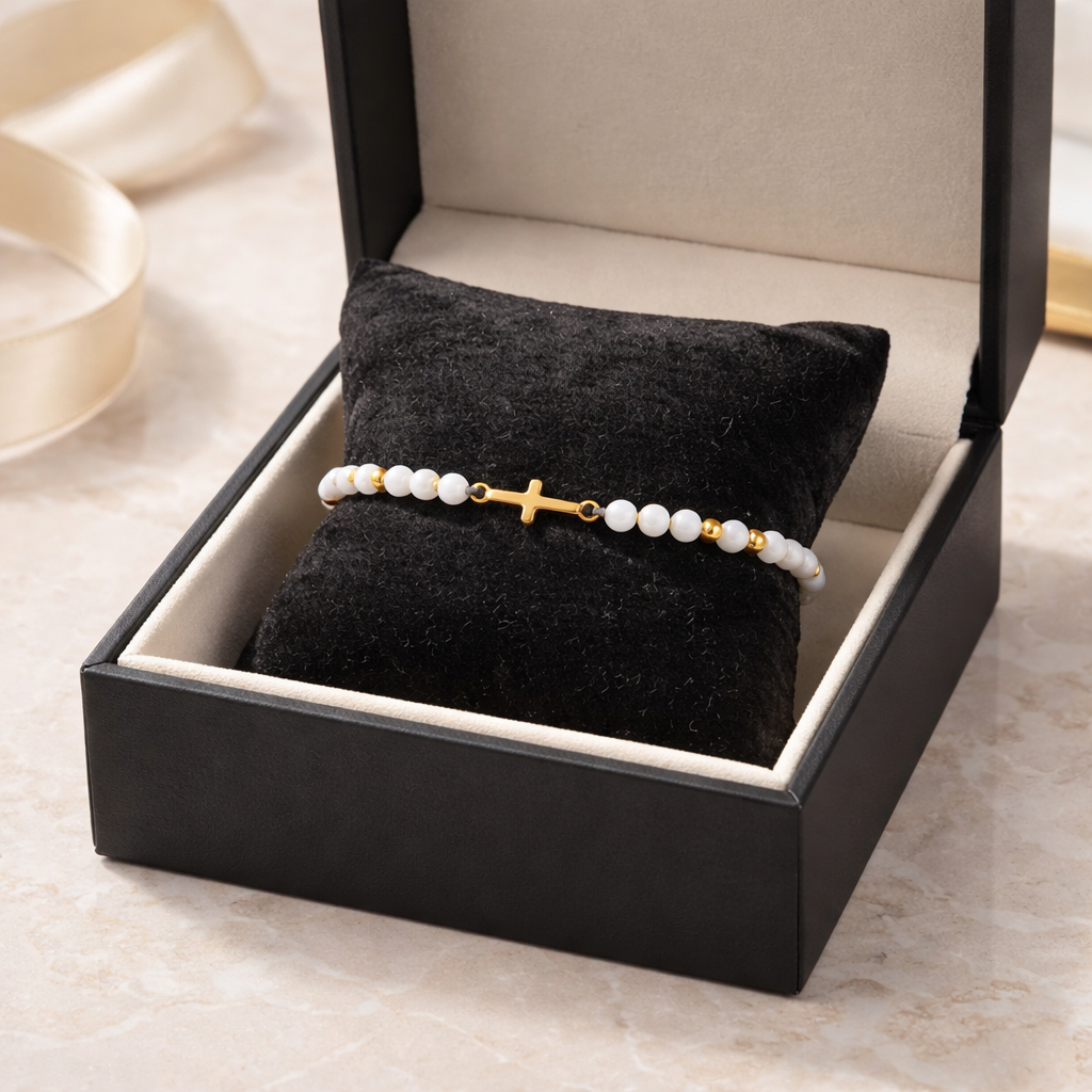 MACRAME WHITE BRACELET-GOLD HEMATITES & CROSS