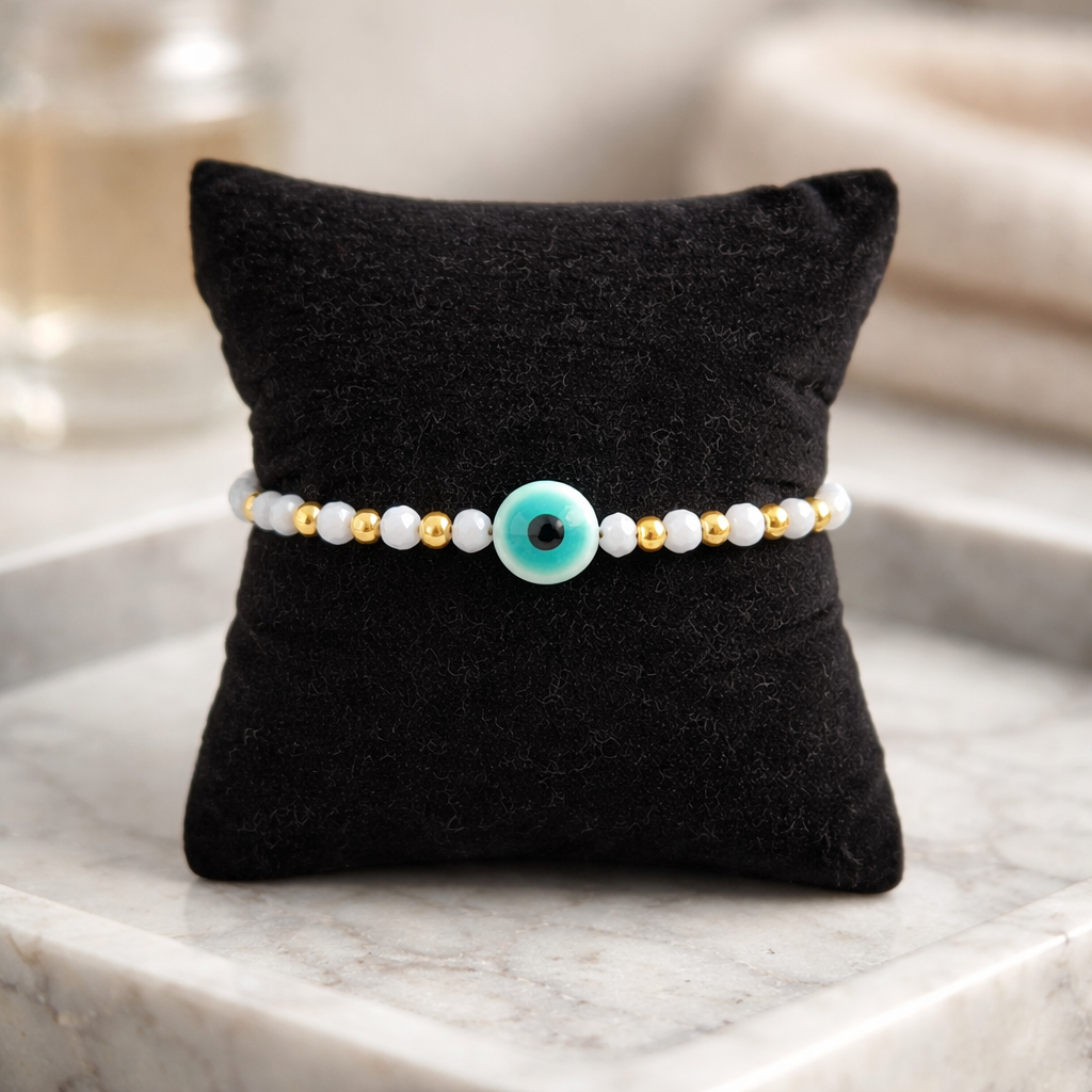 MACRAME WHITE EYE BRACELET-GOLD HEMATITES