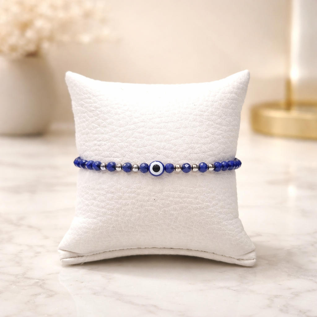 MACRAME BLUE EYE BRACELET-SILVER HEMATITES