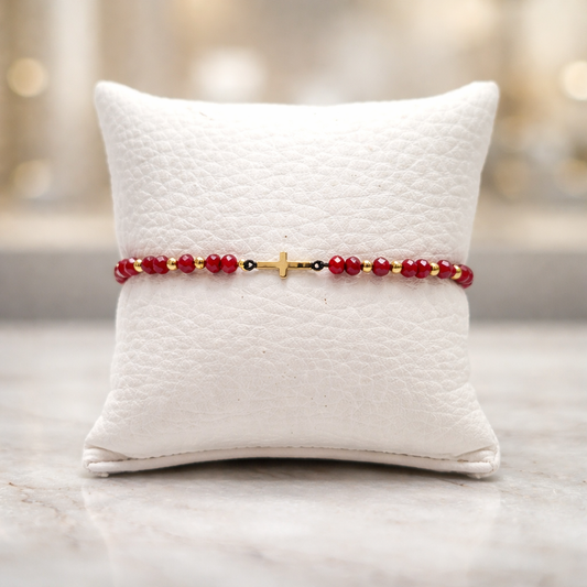 MACRAME RED BRACELET-GOLD HEMATITES & CROSS