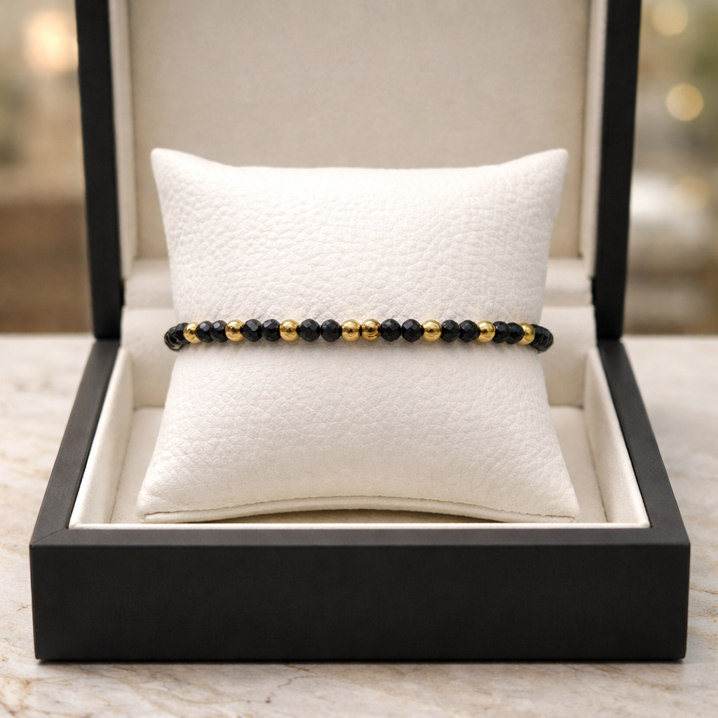 MACRAME BRACELET-GOLD HEMATITES & BLACK CRYSTALS