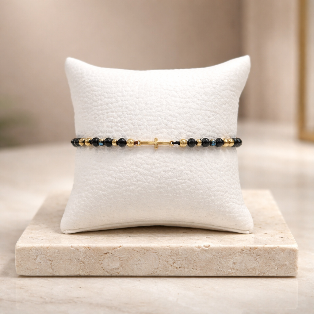 MACRAME BLACK BRACELET-GOLD HEMATITES & CROSS
