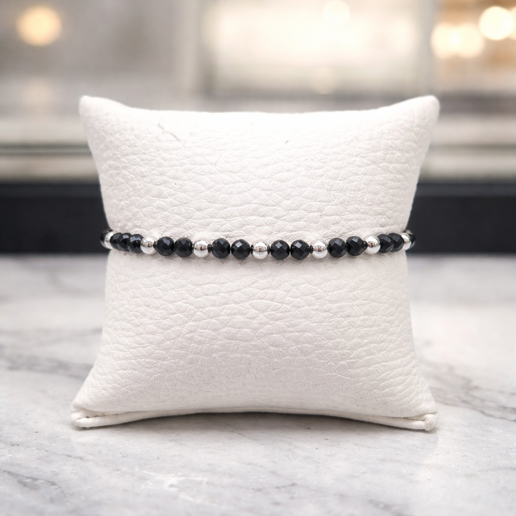 MACRAME BRACELET-SILVER HEMATITES & BLACK CRYSTALS