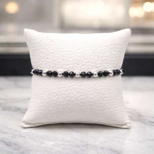 MACRAME BRACELET-SILVER HEMATITES & BLACK CRYSTALS