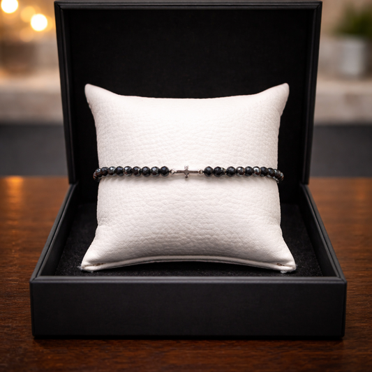 MACRAME BLACK BRACELET-SILVER HEMATITES & CROSS