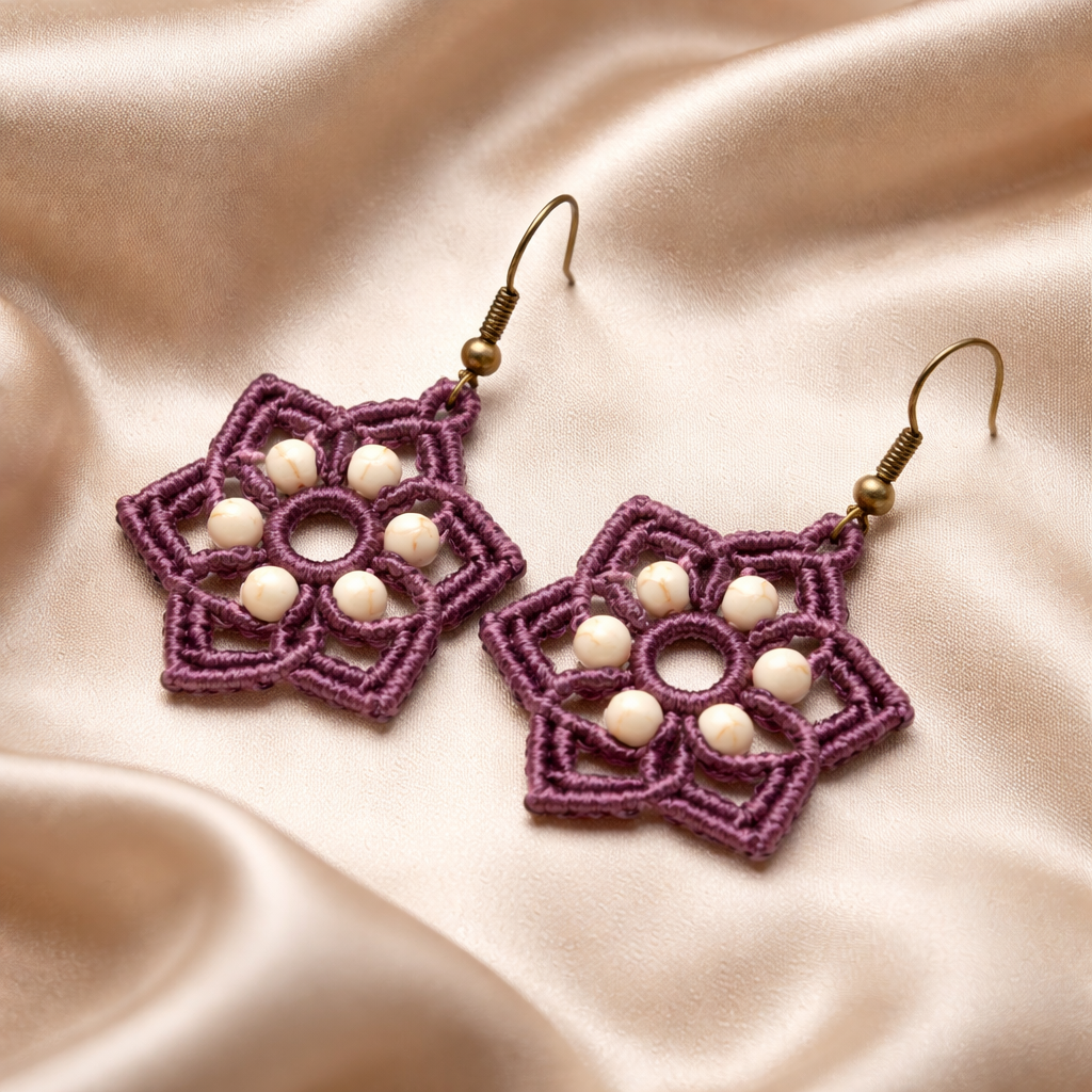 MACRAME PURPLE STAR EARRINGS WITH WHITE HOWLITE NATURAL STONES