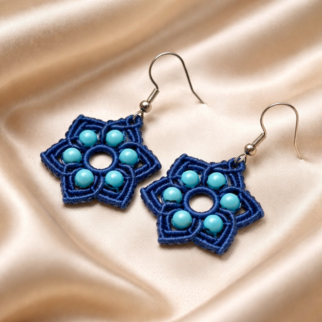 MACRAME BLUE STAR EARRINGS WITH BLUE HOWLITE NATURAL STONES
