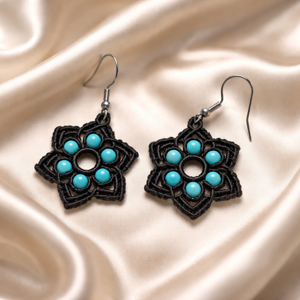 MACRAME BLACK STAR EARRINGS WITH BLUE HOWLITE NATURAL STONES