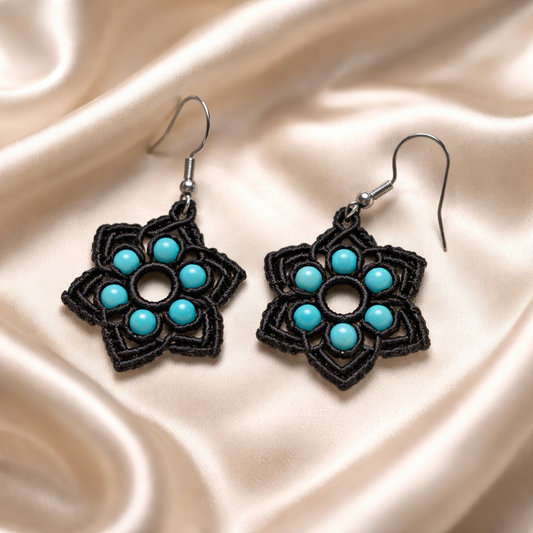 MACRAME BLACK STAR EARRINGS WITH BLUE HOWLITE NATURAL STONES