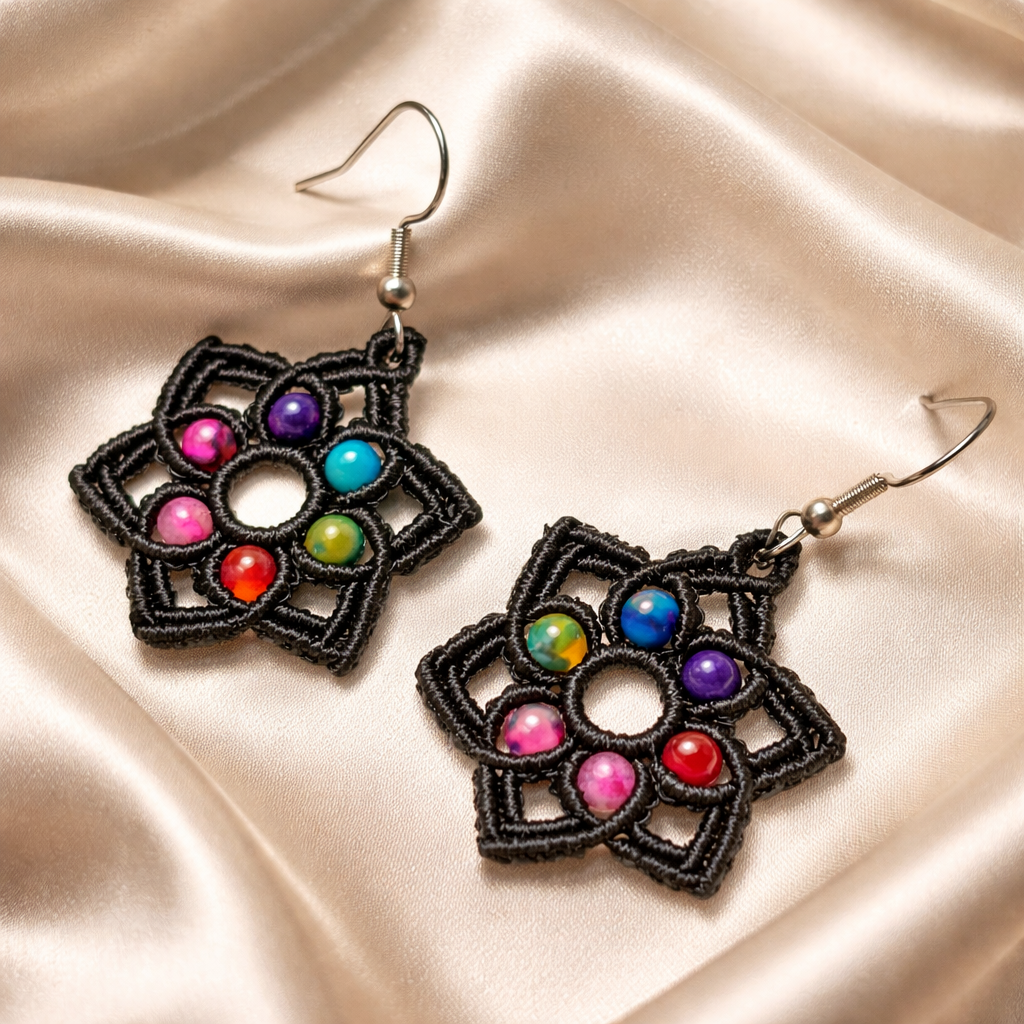 MACRAME BLACK STAR EARRINGS WITH COLORED AGATE NATURAL STONES