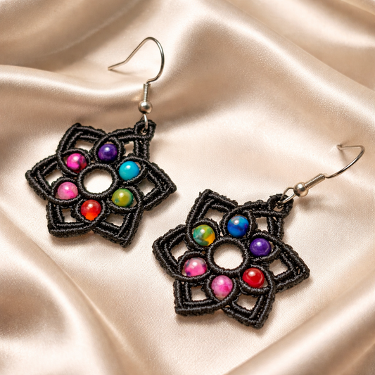 MACRAME BLACK STAR EARRINGS WITH COLORED AGATE NATURAL STONES