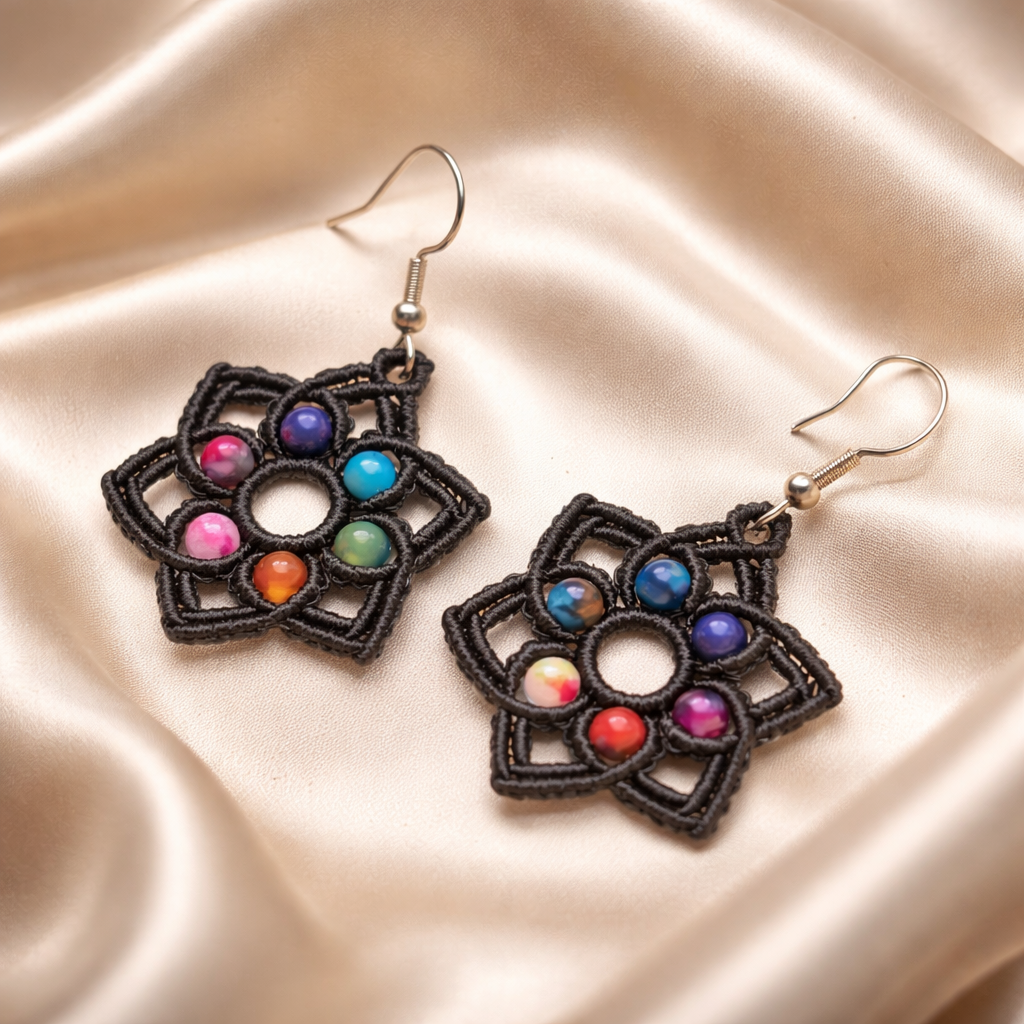 MACRAME BROWN STAR EARRINGS WITH COLORED AGATE NATURAL STONES
