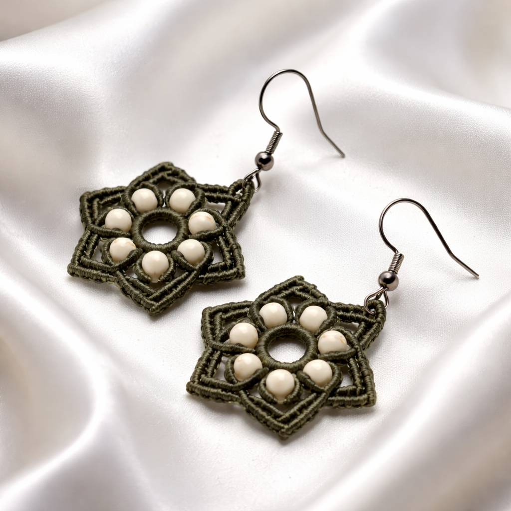 MACRAME OLIVE GREEN STAR EARRINGS WITH WHITE HOWLITE NATURAL STONES