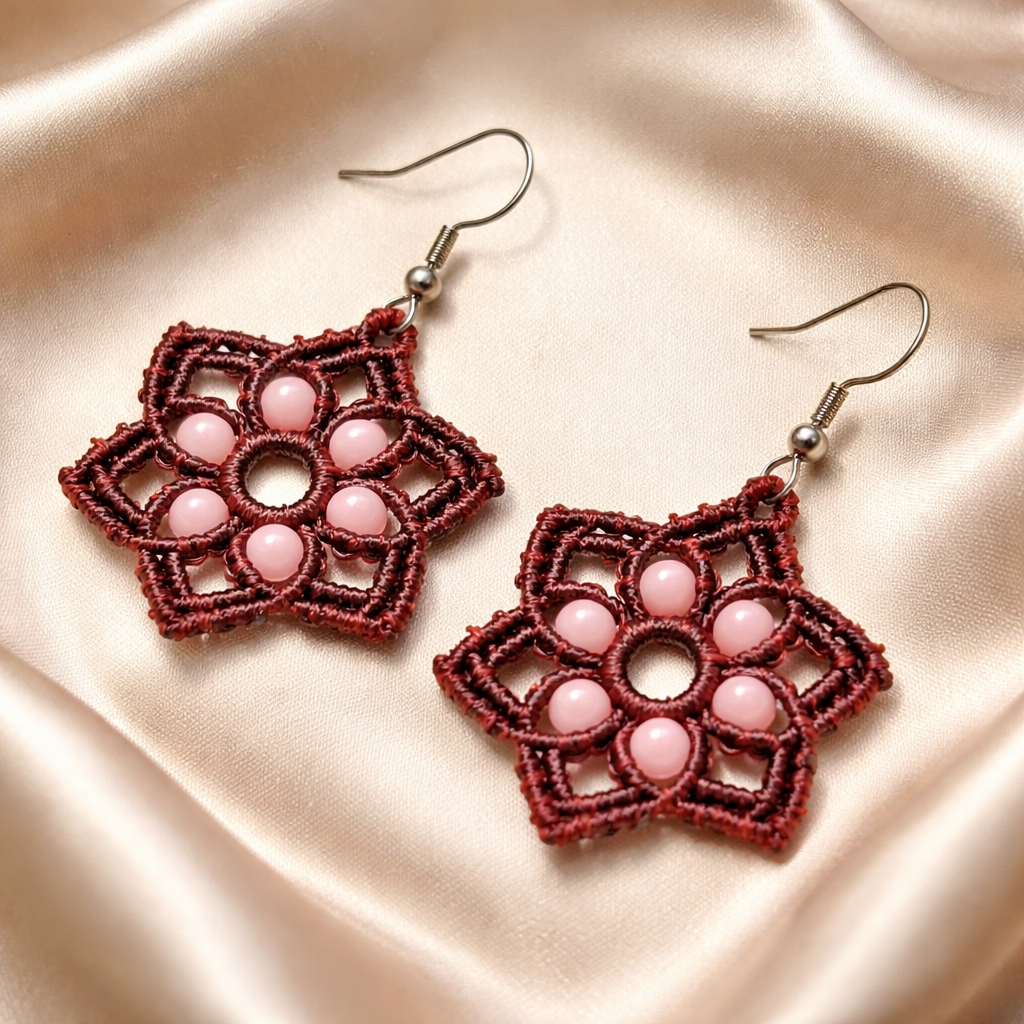 MACRAME RED STAR EARRINGS WITH PINK QUARTZ NATURAL STONES