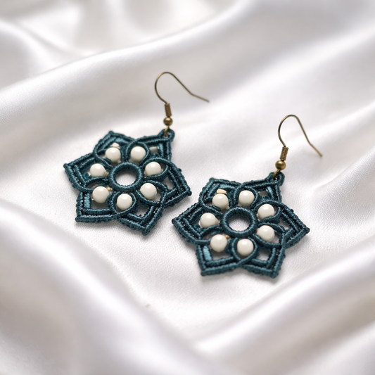 MACRAME PETROL BLUE STAR EARRINGS WITH WHITE HOWLITE NATURAL STONES