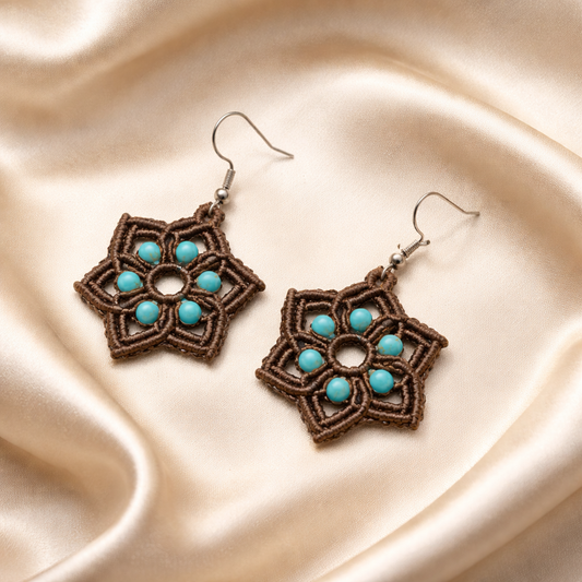 MACRAME BROWN STAR EARRINGS WITH BLUE HOWLITE NATURAL STONES