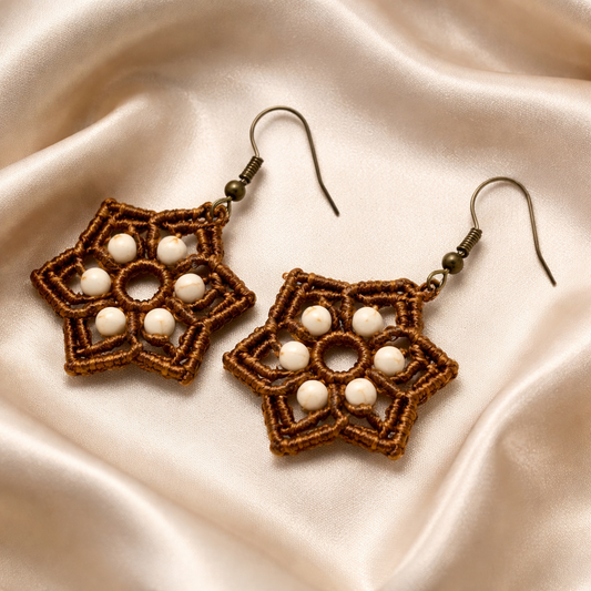 MACRAME BROWN STAR EARRINGS WITH WHITE HOWLITE NATURAL STONES