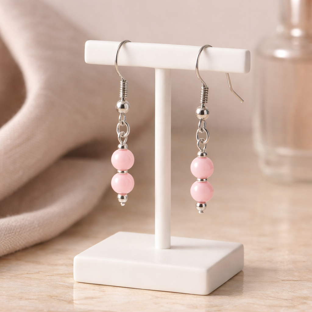 SILVER HOOK EARRINGS WITH  PINK QUARTZ BEADS