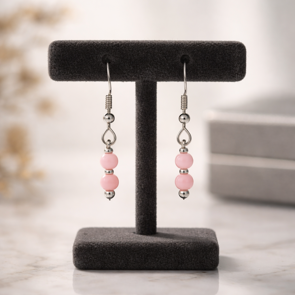 SILVER HOOK EARRINGS WITH  PINK QUARTZ BEADS