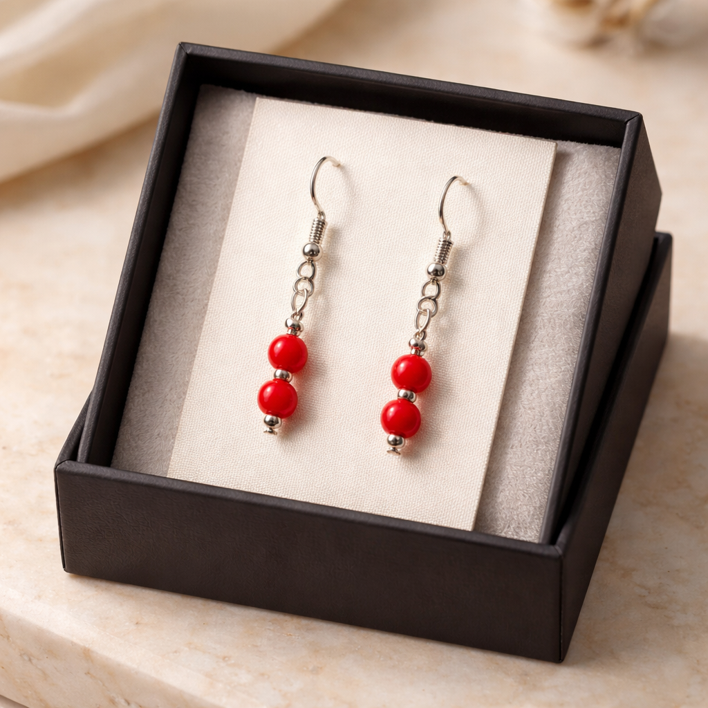 SILVER HOOK EARRINGS WITH  RED HOWLITE BEADS